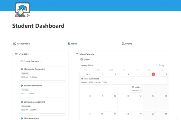 Student Dashboard Notion Template